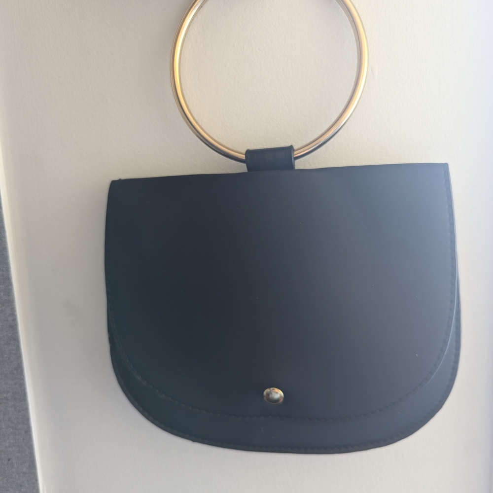 Madison West Black Clutch with Gold Ring Handle In Excellent Condition